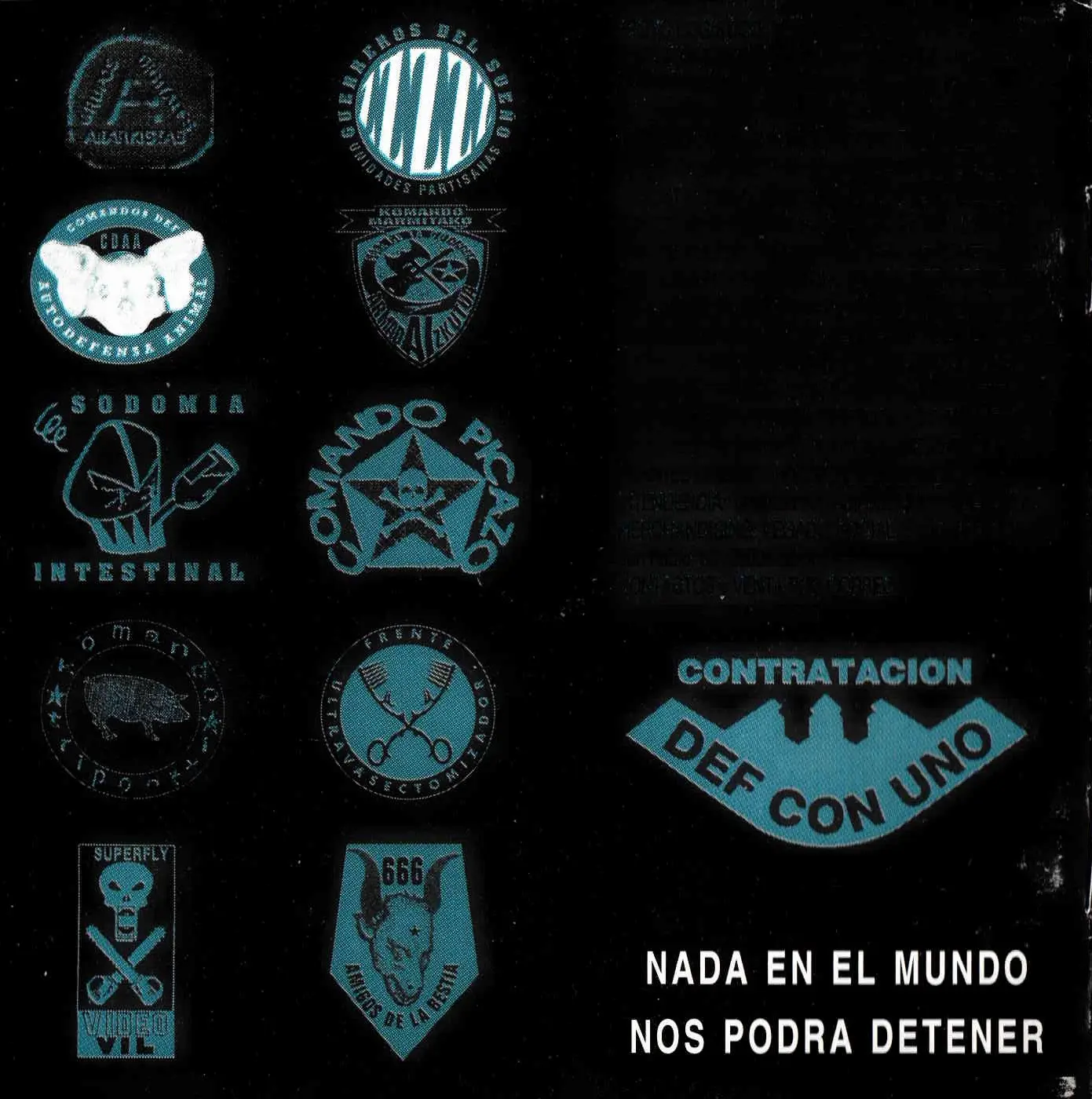 Scanned pages from the Def Con Dos CD booklet, with song lyrics over blue graphics on a black background.