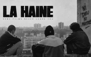 La Haine inspired black and white editorial image with three young men overlooking the city