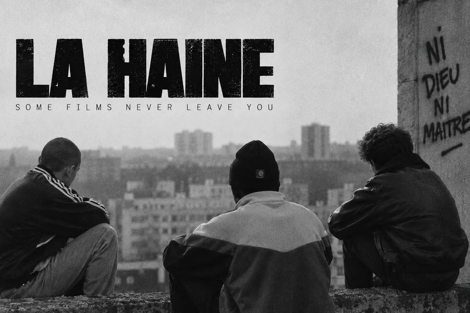 La Haine inspired black and white editorial image with three young men overlooking the city