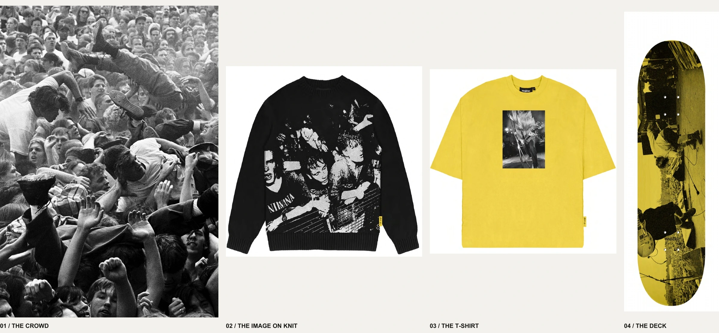Charles Peterson concert photography alongside Wasted Paris knitwear, a yellow T-shirt and a skate deck from FW21/22.
