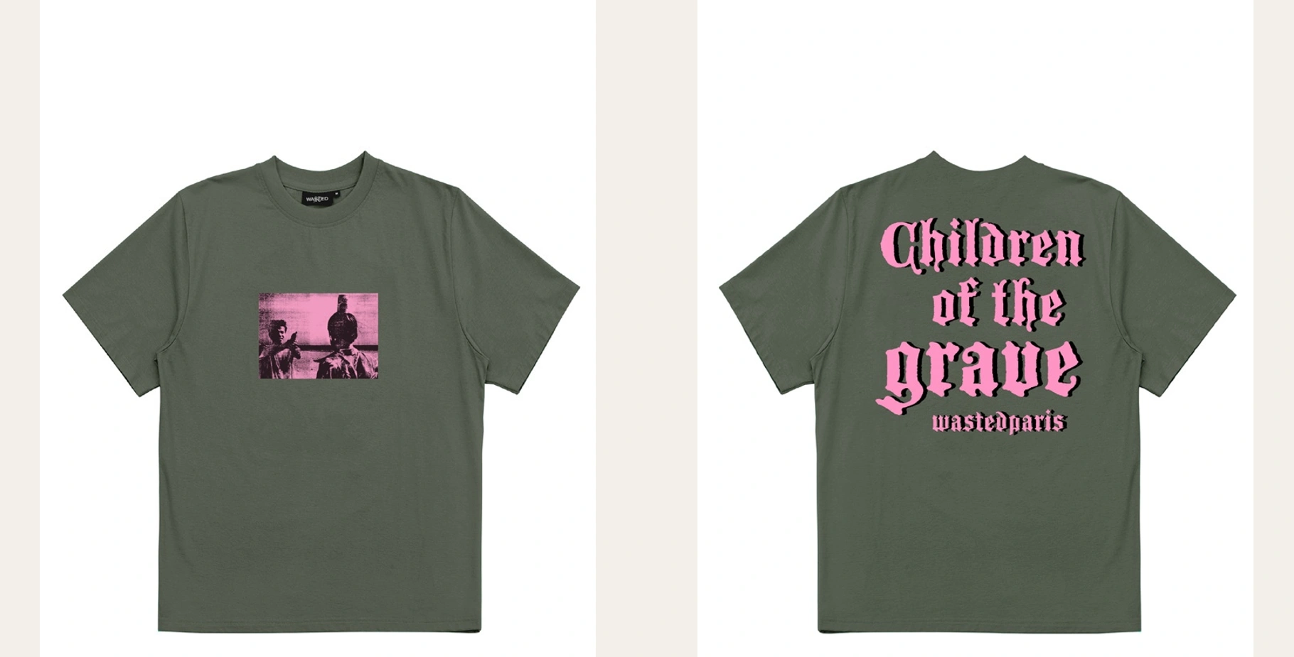 Green Wasted Paris Grave T-shirt, showing a pink beach scene on the front and Children of the Grave lettering on the back.