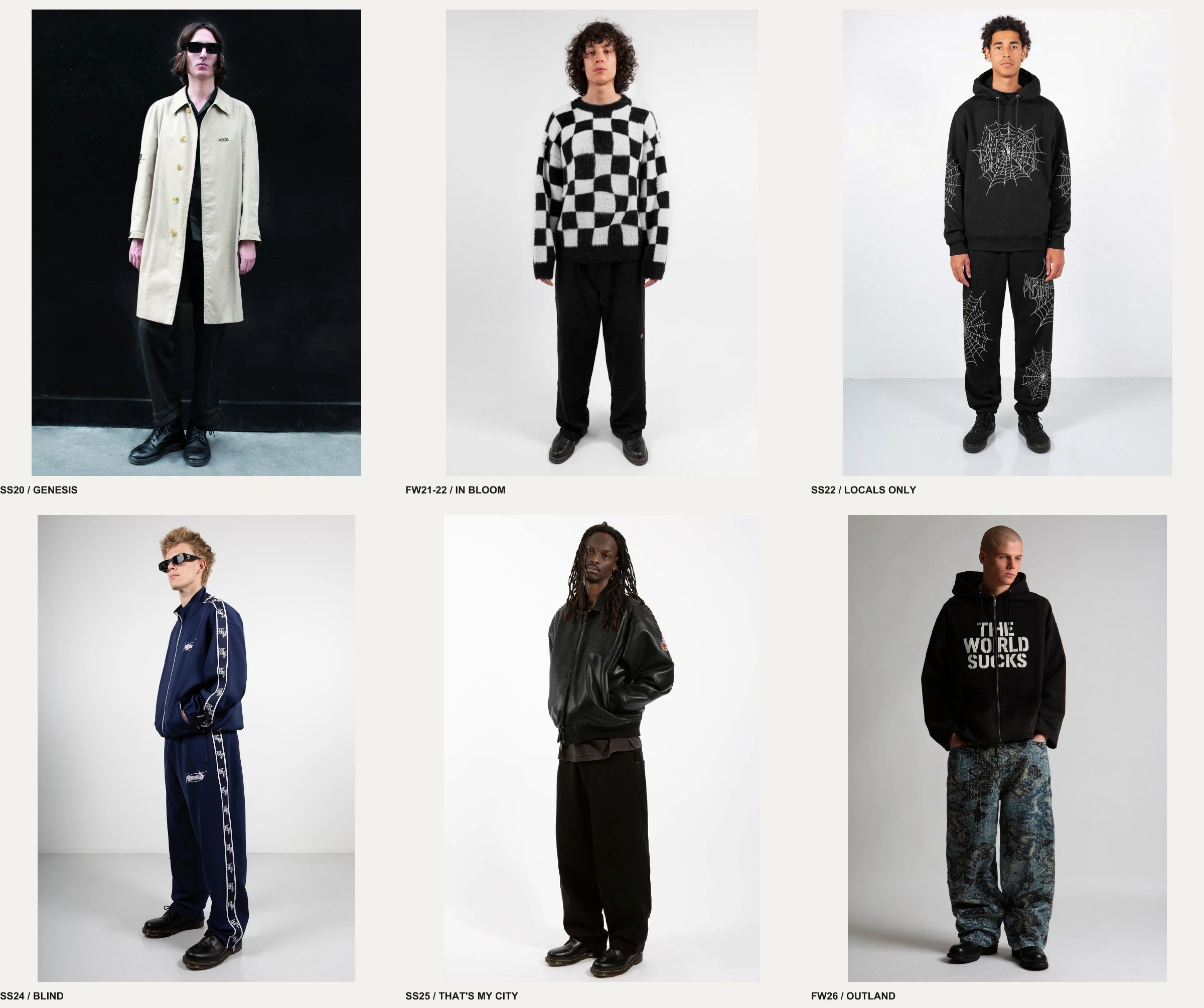 Six Wasted Paris outfits from SS20 to FW26, showing changes in layering, denim cuts and proportions.