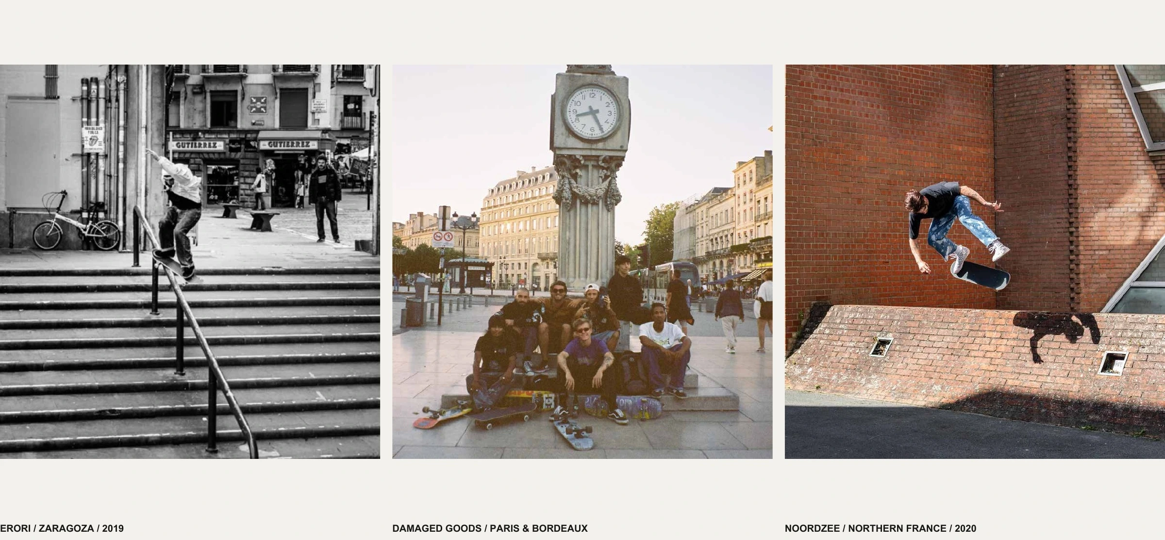 Skateboarding action and group photographs from the Wasted Paris films ERORI, Damaged Goods and Noordzee.