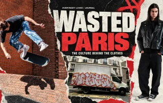 Wasted Paris editorial collage featuring a skateboarder, a graffiti-covered van and a model wearing a black leather jacket.