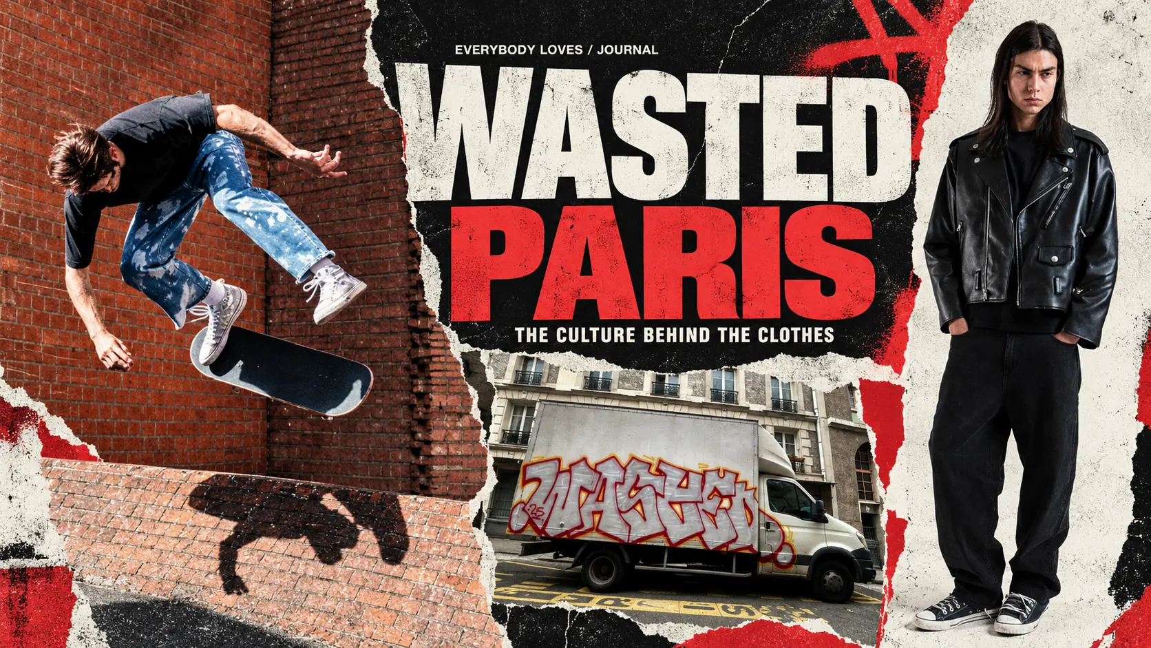 Wasted Paris editorial collage featuring a skateboarder, a graffiti-covered van and a model wearing a black leather jacket.